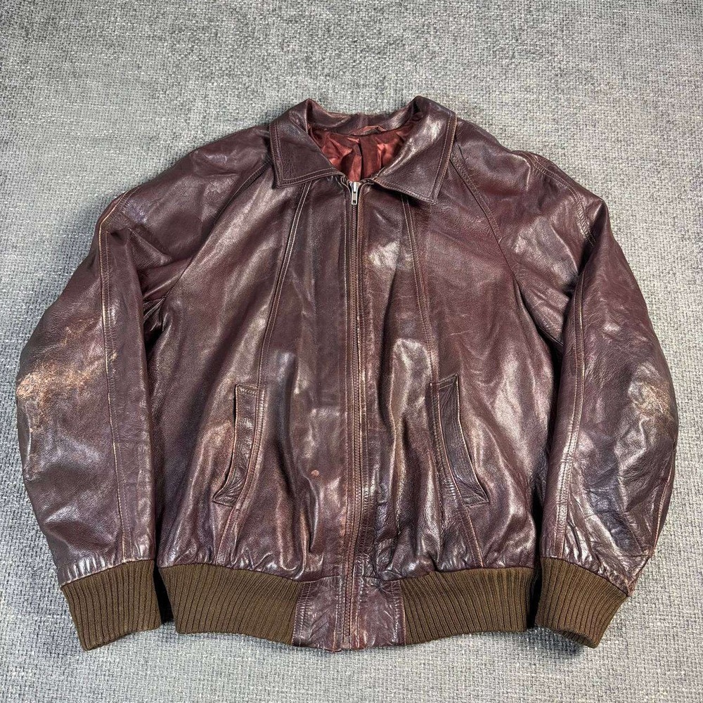 Vintage Leather Bomber Jacket Mens XL Burgundy Brown 90s Y2K Distressed Ribbed